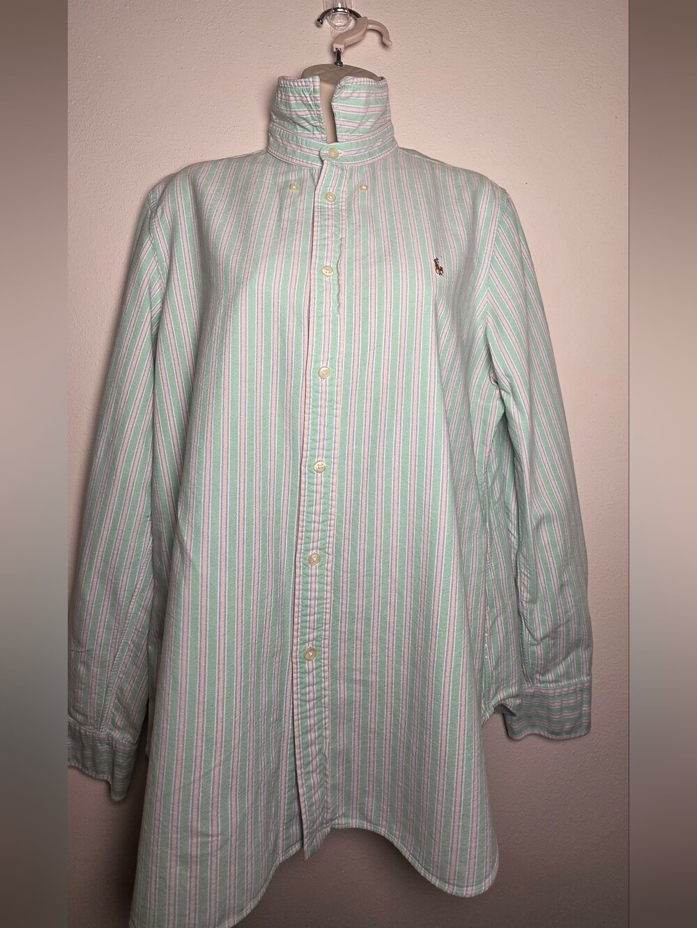 Ralph Lauren Mint Green and White Striped Button-Down Shirt